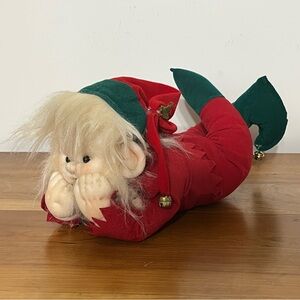 Vintage Christmas Elf Decoration Laying Down Jingle Bell Feet 12” Long